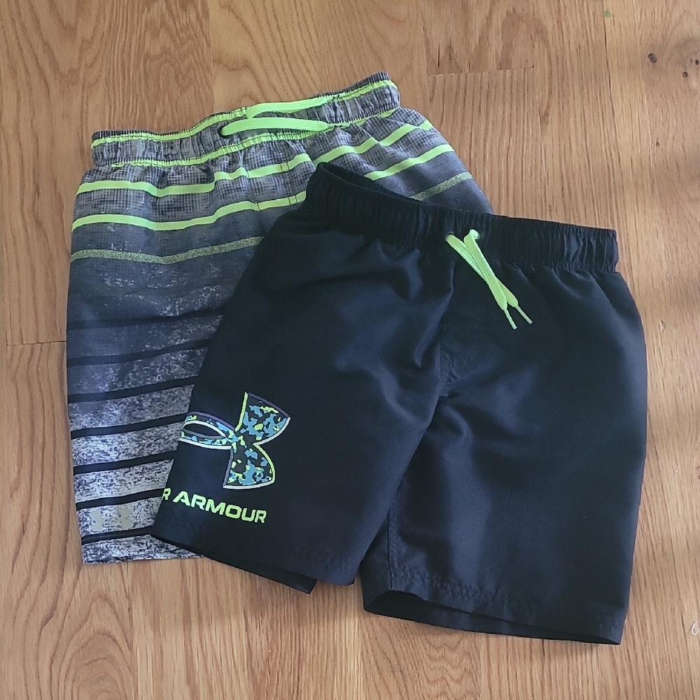 Under Armour Kids' Black, Gray and Neon Green Swim Trunks, Set